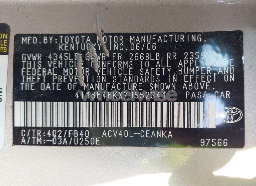 Photo 9 of 2007 Toyota Camry (VIN 4T1BE46KX7U552341)