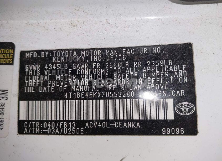 Photo 9 of 2007 Toyota Camry LE (VIN 4T1BE46KX7U553280)