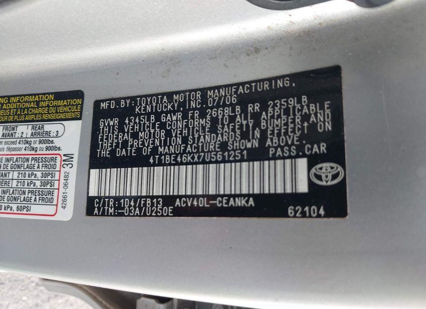 Photo 9 of 2007 Toyota Camry LE (VIN 4T1BE46KX7U561251)