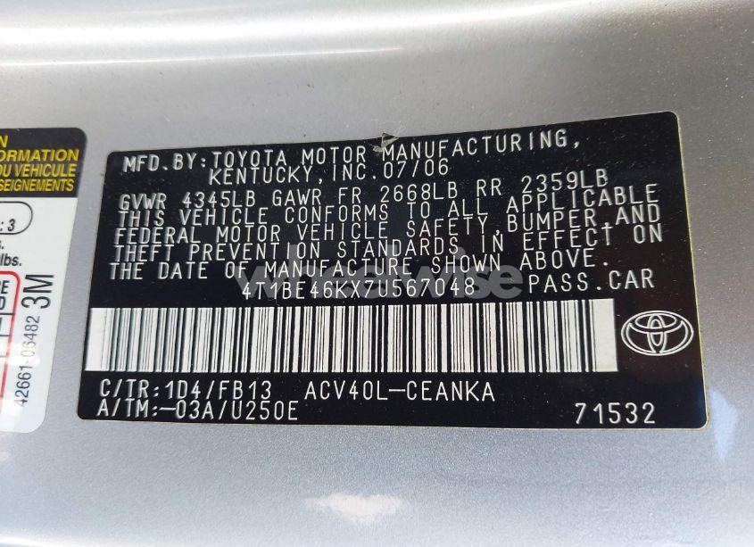 Photo 9 of 2007 Toyota Camry LE (VIN 4T1BE46KX7U567048)