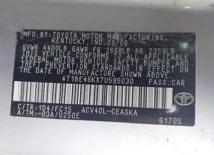 Photo 9 of 2007 Toyota Camry SE (VIN 4T1BE46KX7U595030)