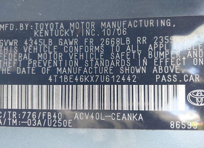 Photo 9 of 2007 Toyota Camry LE (VIN 4T1BE46KX7U612442)