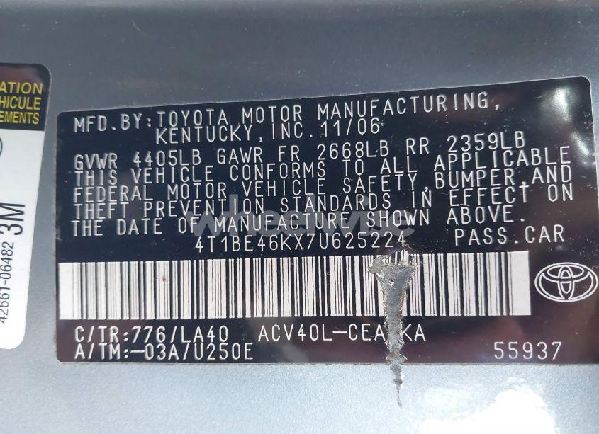 Photo 9 of 2007 Toyota Camry XLE (VIN 4T1BE46KX7U625224)