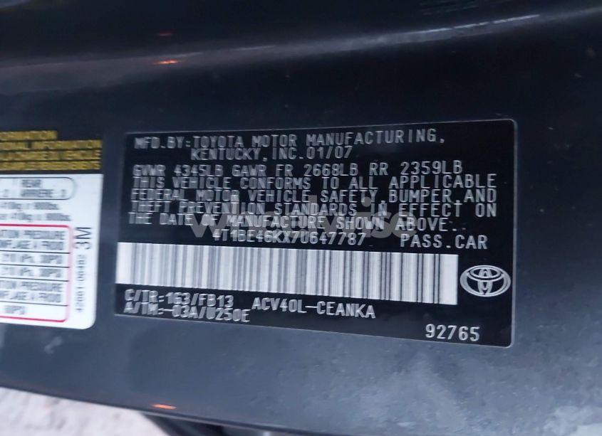 Photo 9 of 2007 Toyota Camry LE (VIN 4T1BE46KX7U647787)