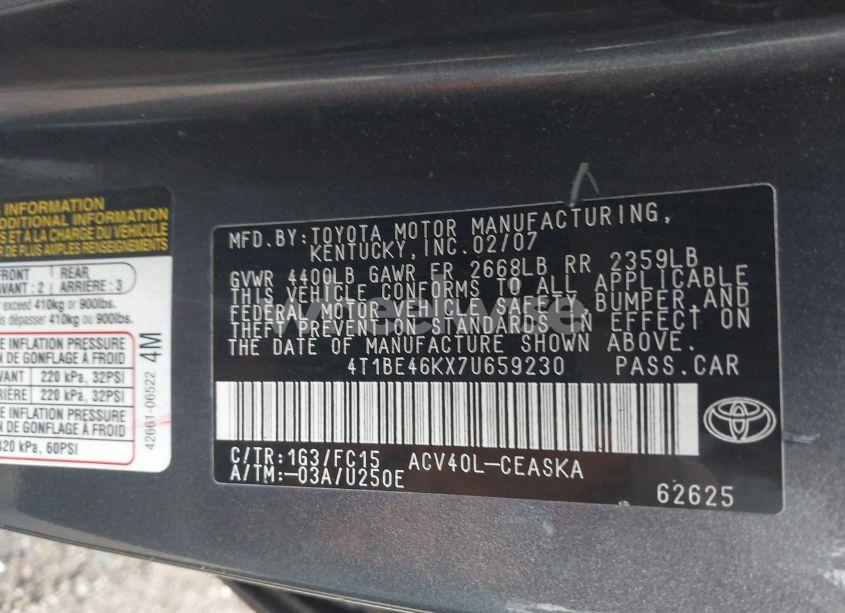Photo 9 of 2007 Toyota Camry SE (VIN 4T1BE46KX7U659230)