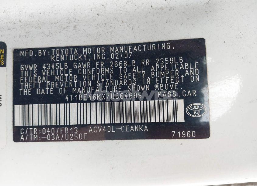 Photo 9 of 2007 Toyota Camry LE (VIN 4T1BE46KX7U664699)