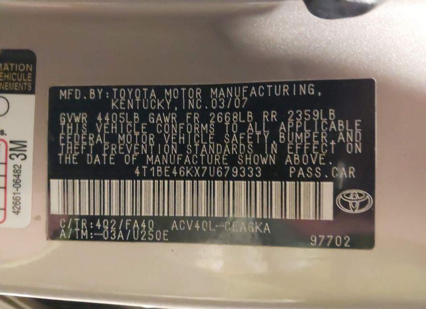 Photo 9 of 2007 Toyota Camry XLE (VIN 4T1BE46KX7U679333)