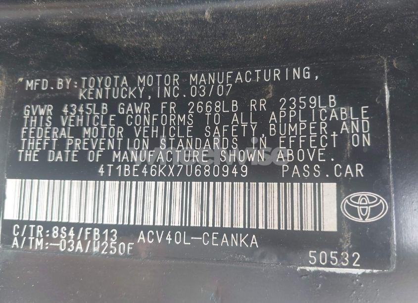 Photo 9 of 2007 Toyota Camry LE (VIN 4T1BE46KX7U680949)