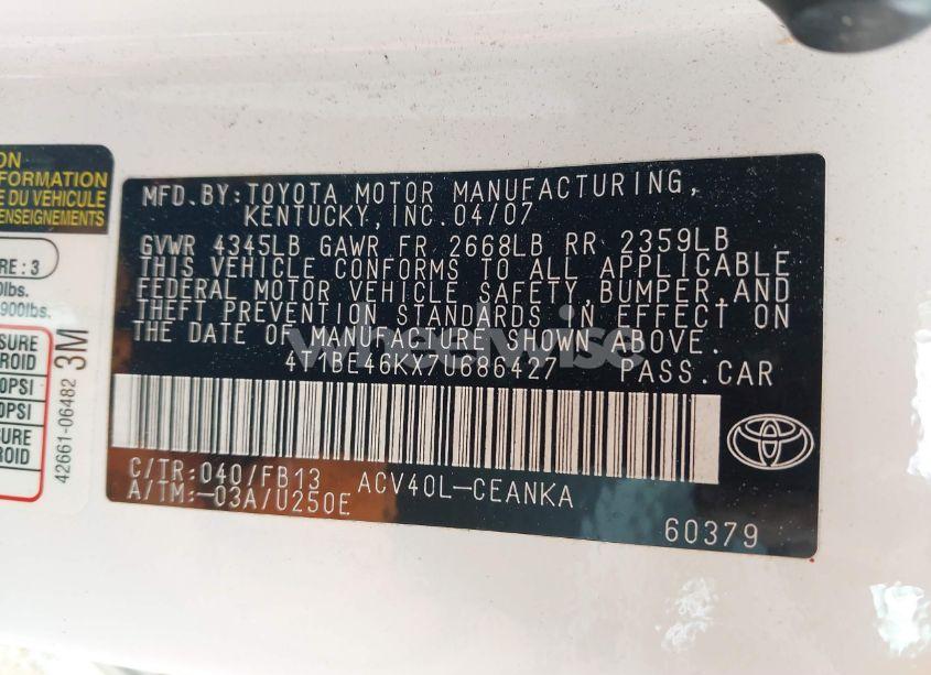 Photo 9 of 2007 Toyota Camry LE (VIN 4T1BE46KX7U686427)