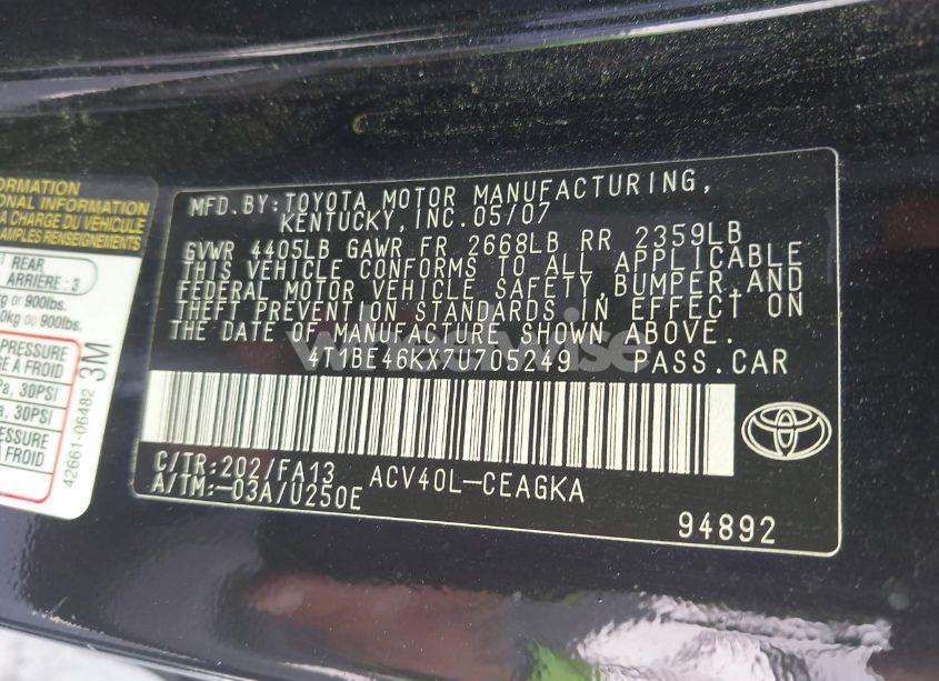 Photo 9 of 2007 Toyota Camry XLE (VIN 4T1BE46KX7U705249)