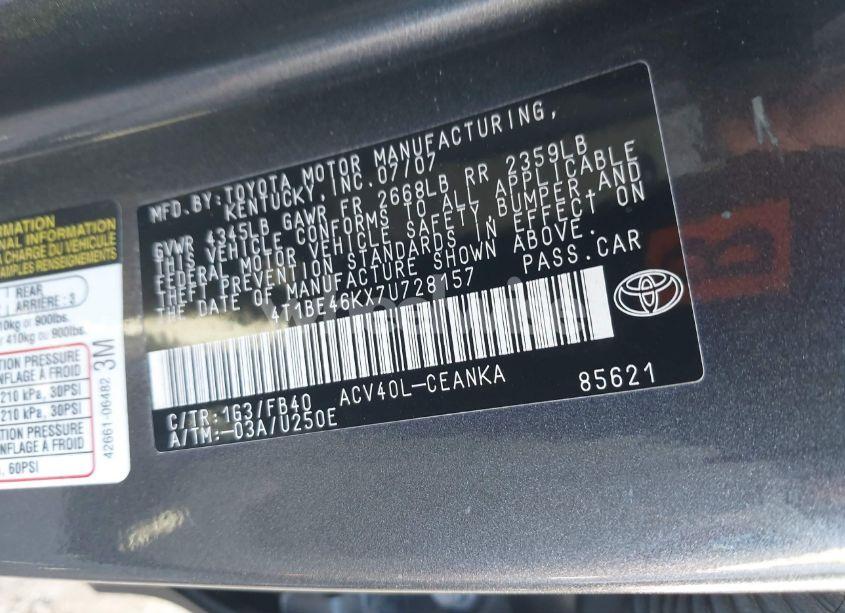Photo 9 of 2007 Toyota Camry LE (VIN 4T1BE46KX7U728157)