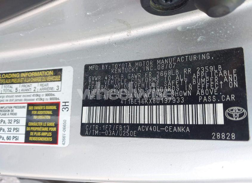 Photo 9 of 2008 Toyota Camry LE (VIN 4T1BE46KX8U197933)