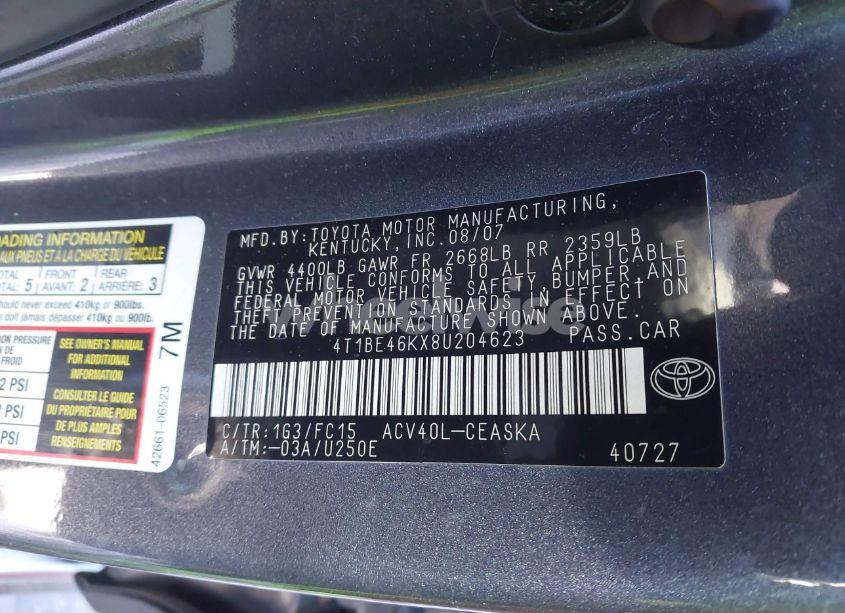 Photo 9 of 2008 Toyota Camry SE (VIN 4T1BE46KX8U204623)