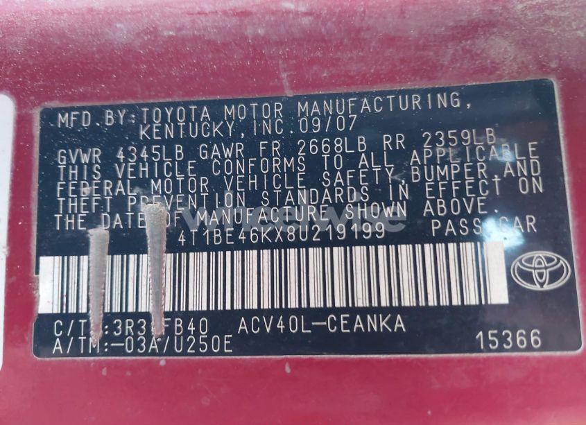 Photo 9 of 2008 Toyota Camry LE (VIN 4T1BE46KX8U219199)