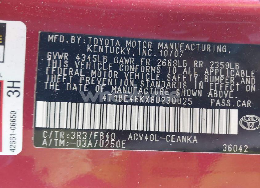 Photo 9 of 2008 Toyota Camry CE/LE/XLE/SE (VIN 4T1BE46KX8U230025)