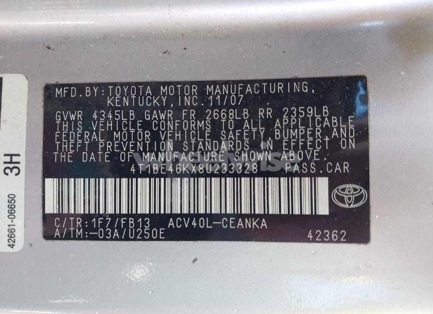 Photo 9 of 2008 Toyota Camry LE (VIN 4T1BE46KX8U233328)