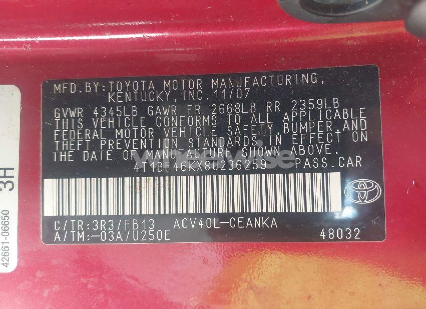 Photo 9 of 2008 Toyota Camry LE (VIN 4T1BE46KX8U236259)