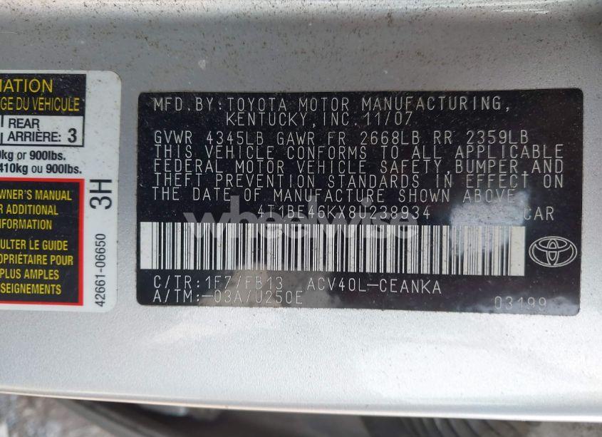 Photo 9 of 2008 Toyota Camry LE (VIN 4T1BE46KX8U238934)