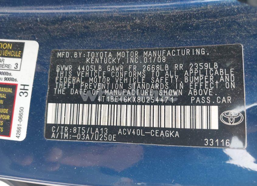 Photo 9 of 2008 Toyota Camry XLE (VIN 4T1BE46KX8U254471)