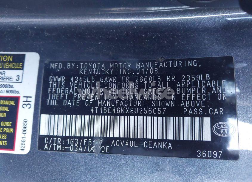 Photo 9 of 2008 Toyota Camry LE (VIN 4T1BE46KX8U256057)