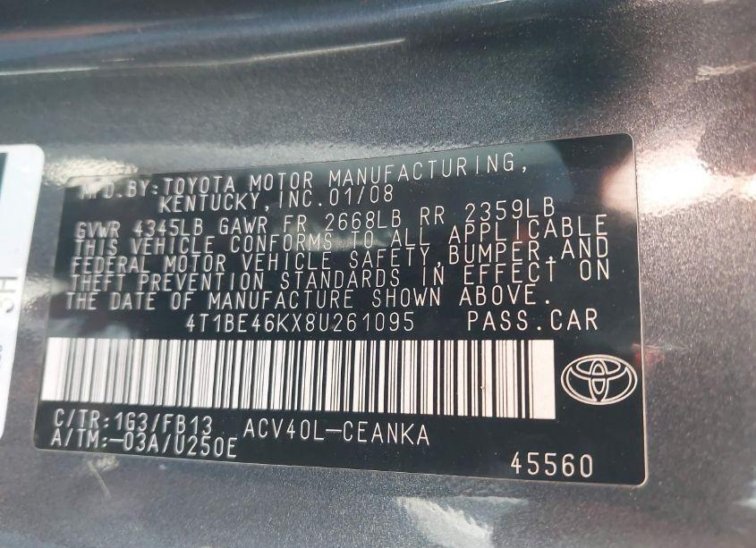 Photo 9 of 2008 Toyota Camry LE (VIN 4T1BE46KX8U261095)