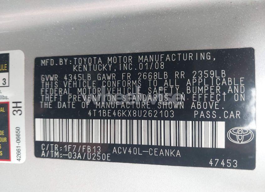 Photo 9 of 2008 Toyota Camry LE/SE/XLE (VIN 4T1BE46KX8U262103)