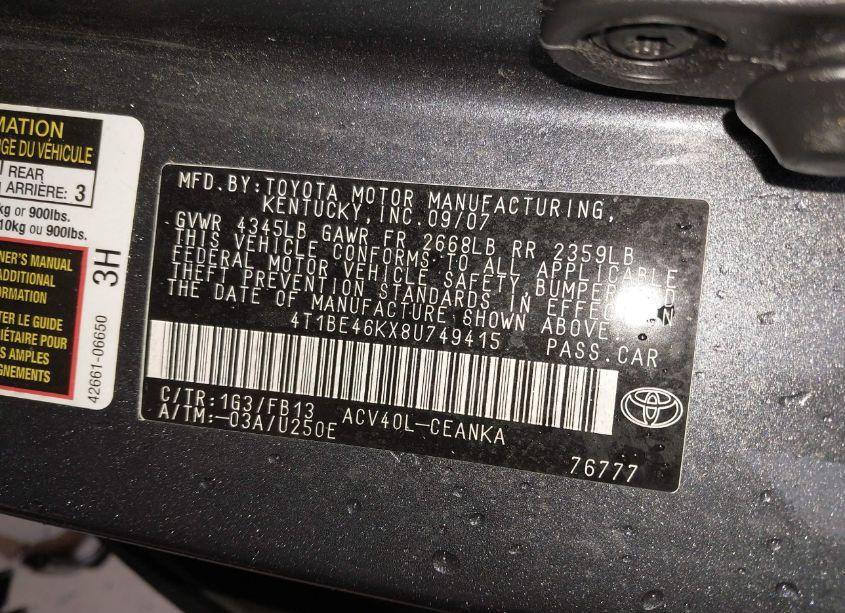 Photo 9 of 2008 Toyota Camry LE (VIN 4T1BE46KX8U749415)