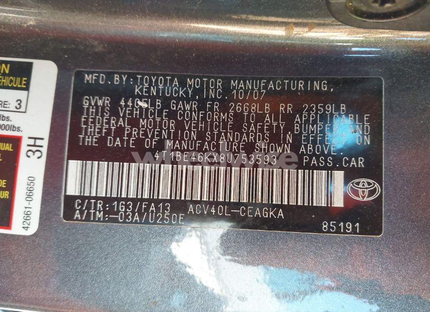 Photo 9 of 2008 Toyota Camry XLE (VIN 4T1BE46KX8U753593)