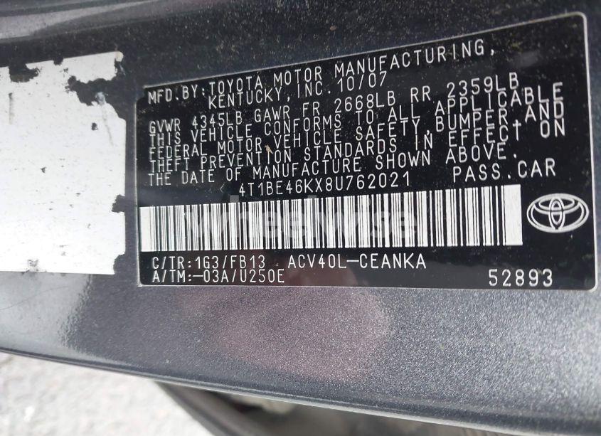 Photo 9 of 2008 Toyota Camry LE (VIN 4T1BE46KX8U762021)