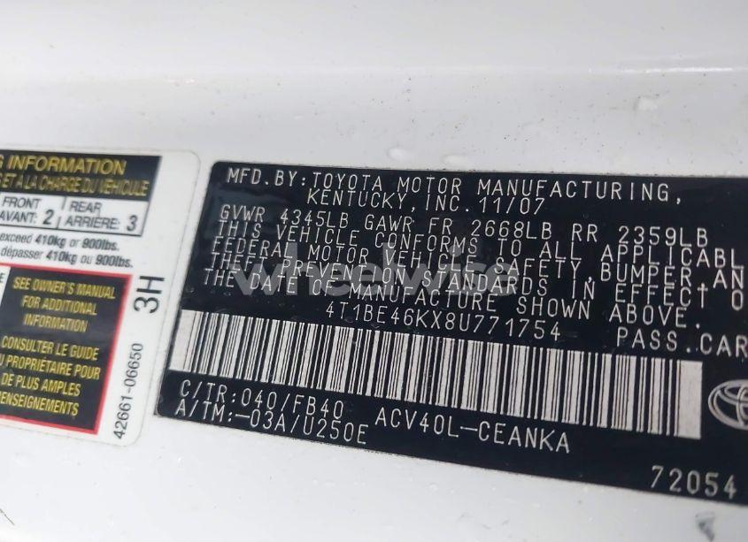 Photo 9 of 2008 Toyota Camry LE (VIN 4T1BE46KX8U771754)