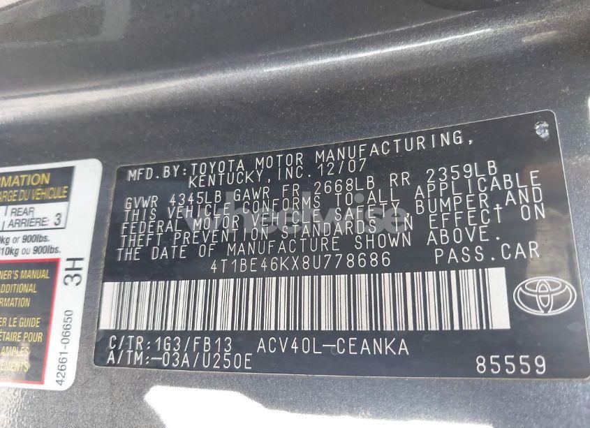 Photo 9 of 2008 Toyota Camry LE (VIN 4T1BE46KX8U778686)