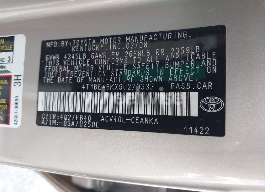 Photo 9 of 2009 Toyota Camry (VIN 4T1BE46KX9U270333)