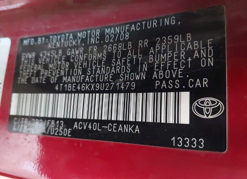 Photo 9 of 2009 Toyota Camry LE (VIN 4T1BE46KX9U271479)