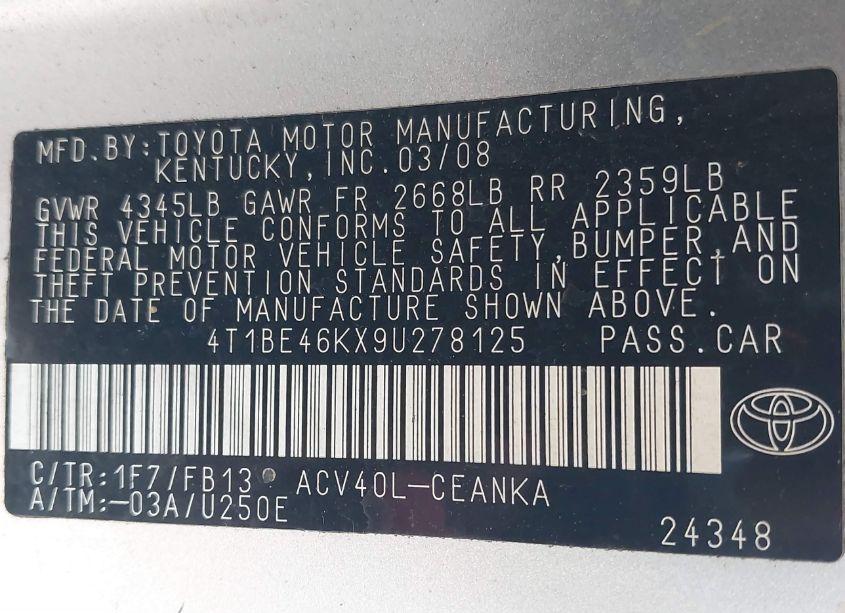 Photo 9 of 2009 Toyota Camry LE (VIN 4T1BE46KX9U278125)