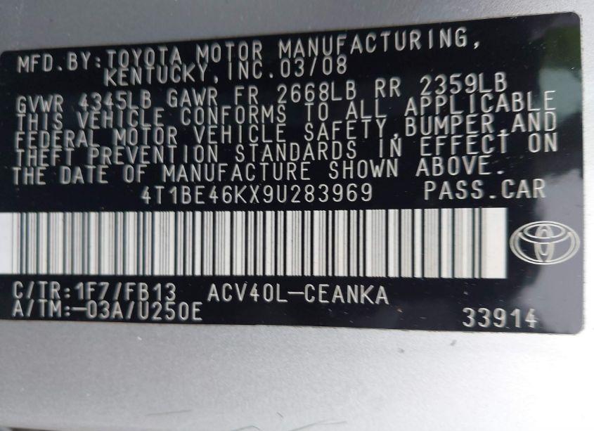 Photo 9 of 2009 Toyota Camry LE (VIN 4T1BE46KX9U283969)