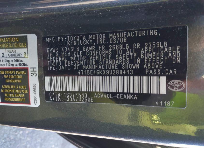 Photo 9 of 2009 Toyota Camry LE (VIN 4T1BE46KX9U288413)