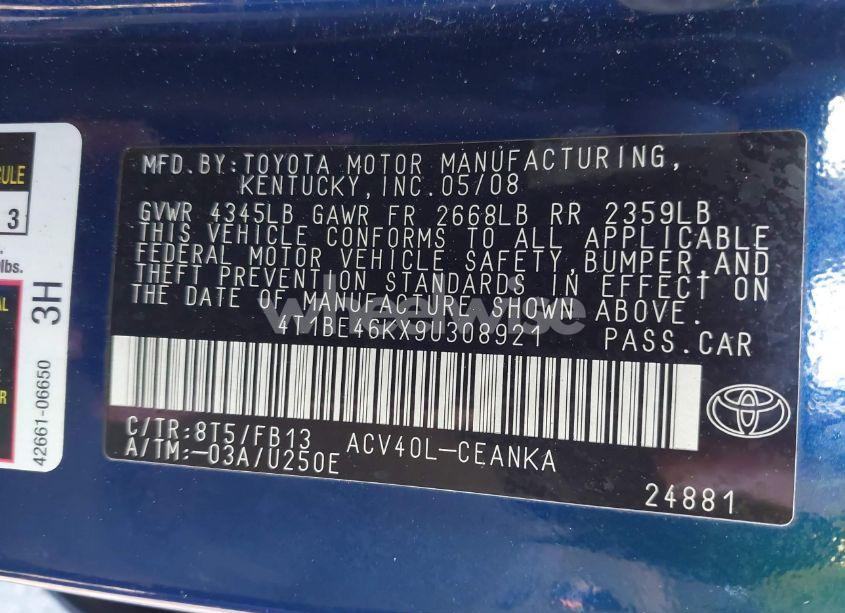 Photo 9 of 2009 Toyota Camry LE (VIN 4T1BE46KX9U308921)