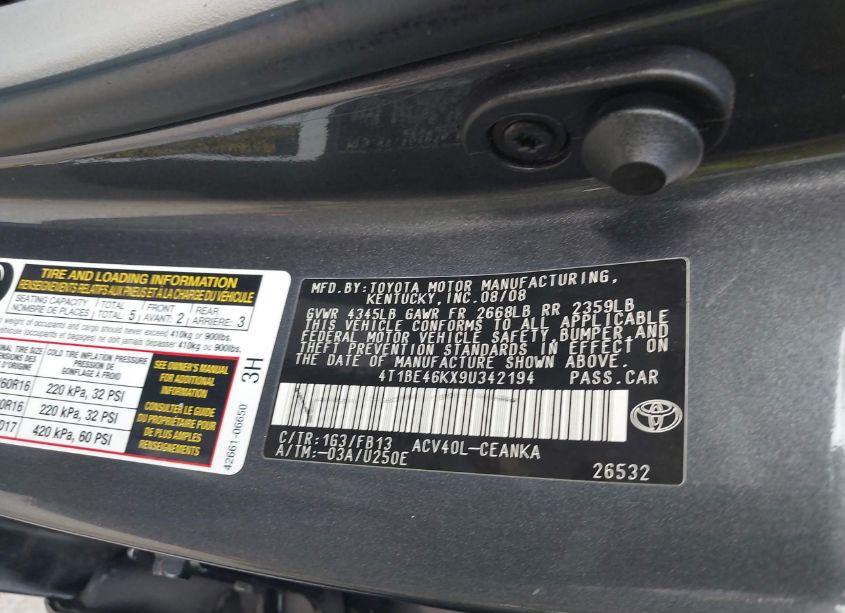 Photo 9 of 2009 Toyota Camry LE (VIN 4T1BE46KX9U342194)