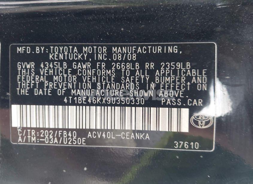 Photo 9 of 2009 Toyota Camry LE (VIN 4T1BE46KX9U350330)
