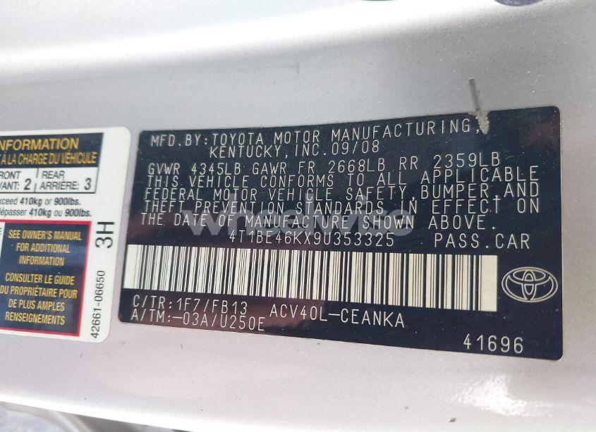 Photo 9 of 2009 Toyota Camry LE (VIN 4T1BE46KX9U353325)