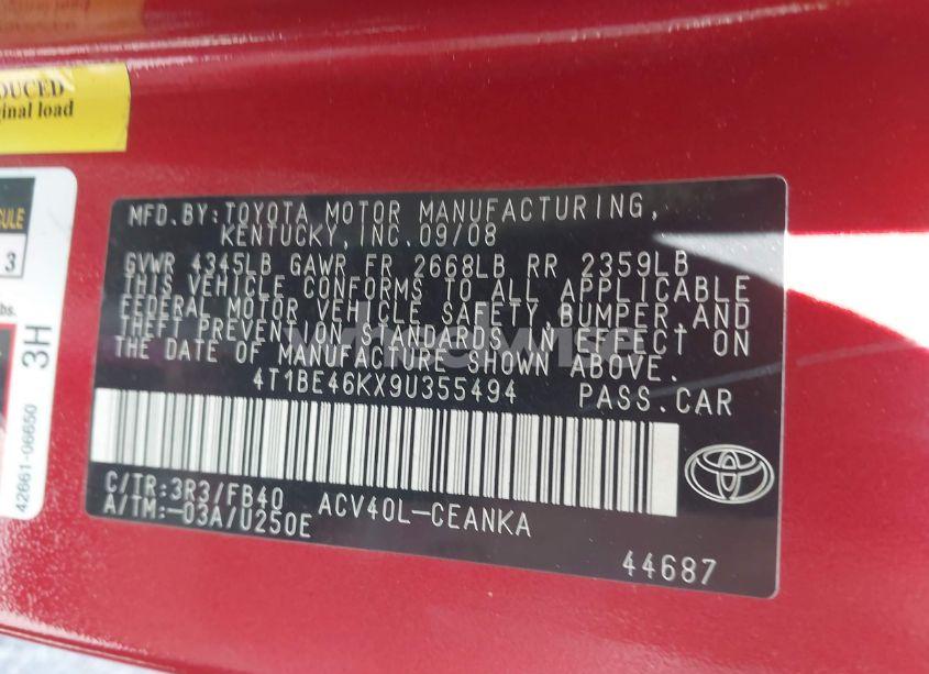 Photo 9 of 2009 Toyota Camry LE (VIN 4T1BE46KX9U355494)