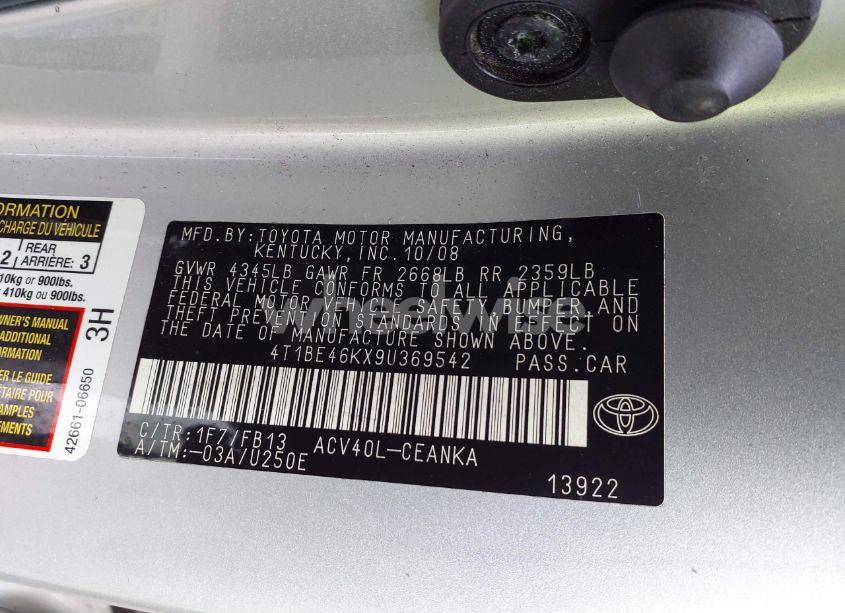 Photo 9 of 2009 Toyota Camry LE (VIN 4T1BE46KX9U369542)