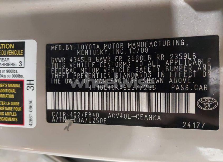 Photo 9 of 2009 Toyota Camry LE (VIN 4T1BE46KX9U377236)