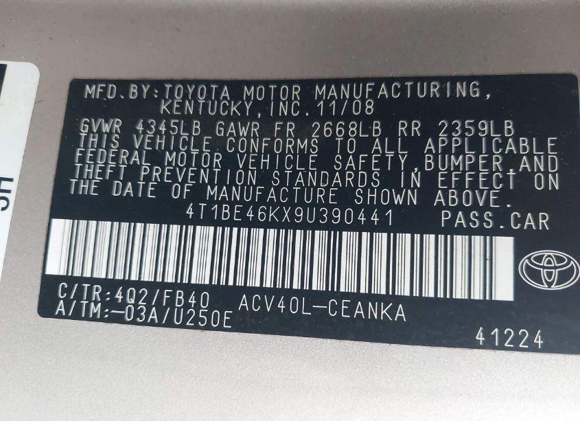 Photo 9 of 2009 Toyota Camry LE (VIN 4T1BE46KX9U390441)