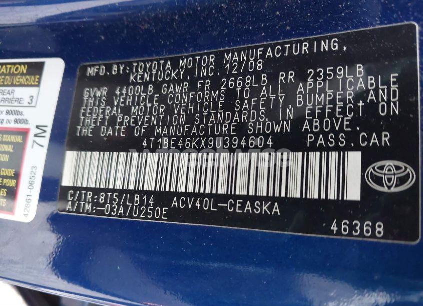 Photo 9 of 2009 Toyota Camry SE (VIN 4T1BE46KX9U394604)