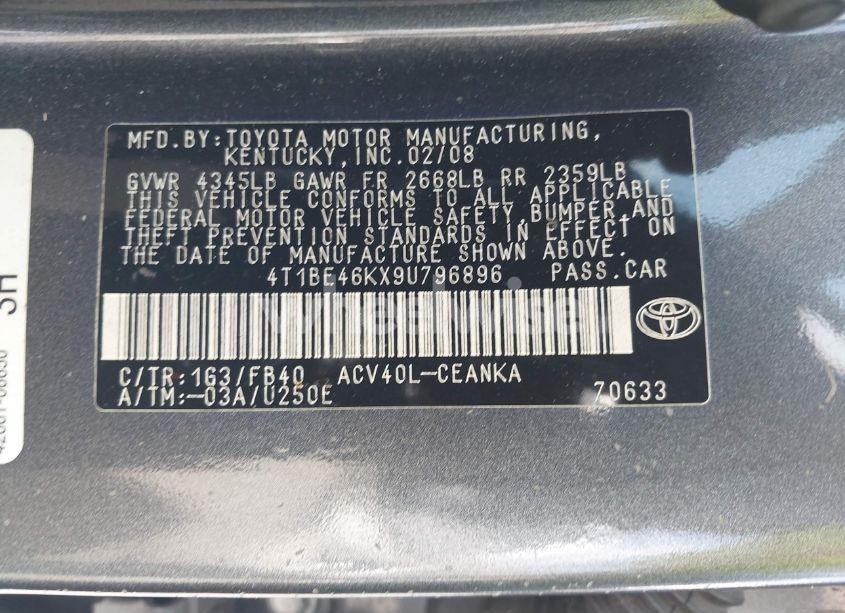 Photo 9 of 2009 Toyota Camry LE (VIN 4T1BE46KX9U796896)