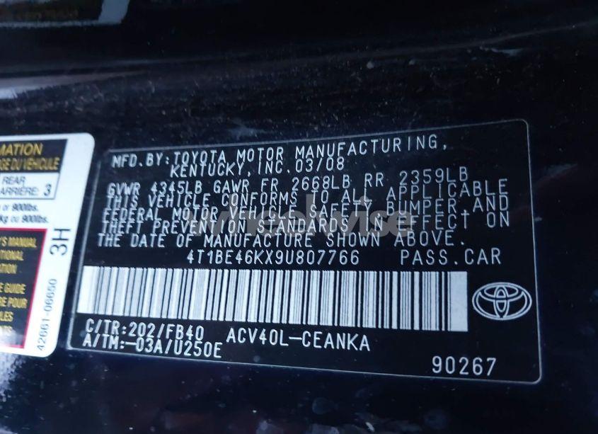Photo 9 of 2009 Toyota Camry LE (VIN 4T1BE46KX9U807766)