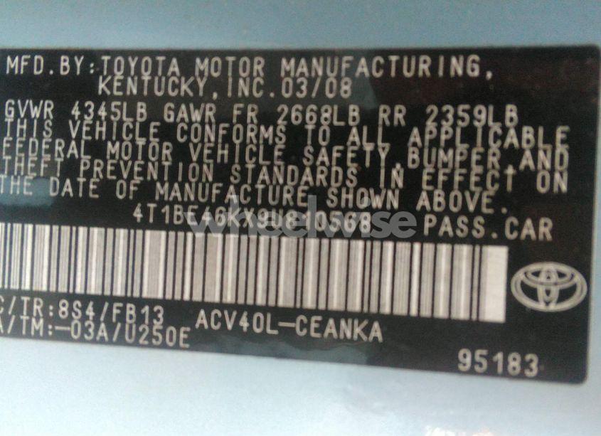 Photo 9 of 2009 Toyota Camry LE (VIN 4T1BE46KX9U810568)