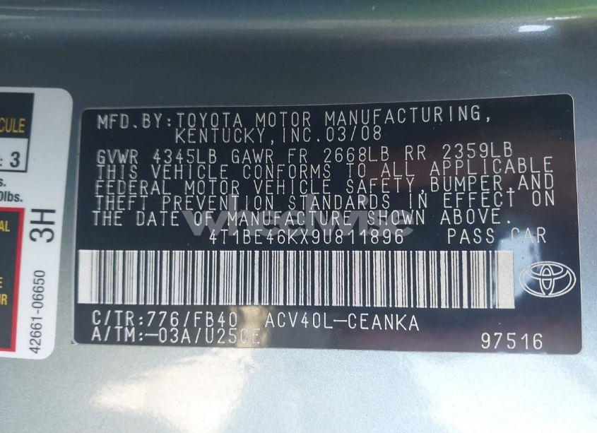 Photo 9 of 2009 Toyota Camry LE (VIN 4T1BE46KX9U811896)