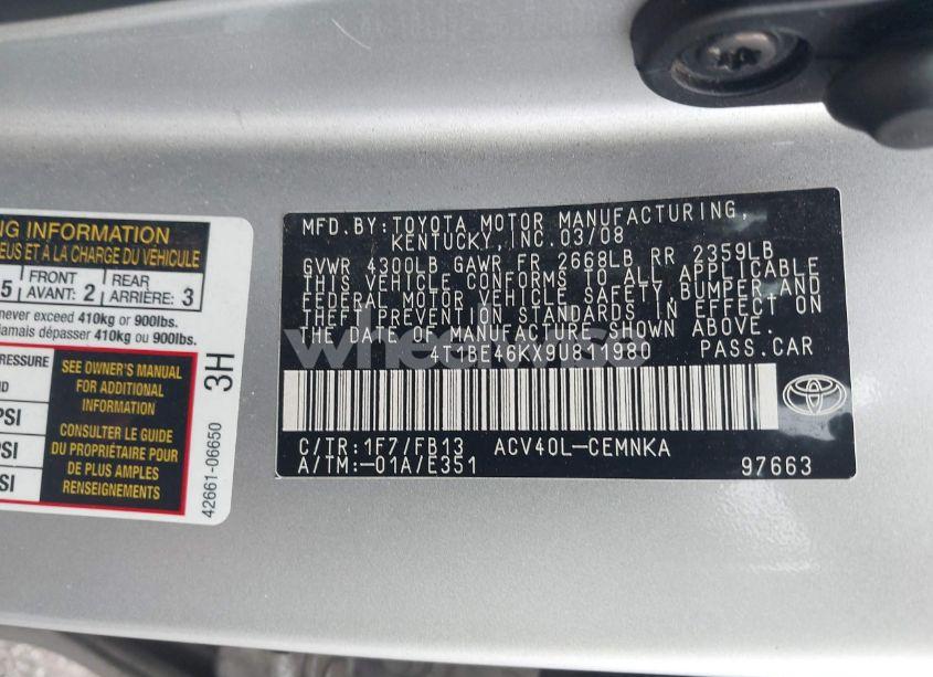 Photo 9 of 2009 Toyota Camry (VIN 4T1BE46KX9U811980)